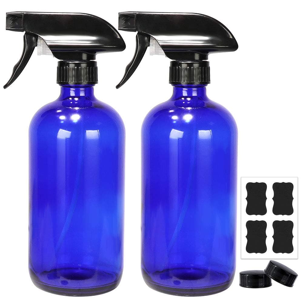 2 Pack 16 oz Blue Boston Glass Spray Bottles,Refillable Trigger Sprayers with Mist & Stream for Essential Oils, Bath, Beauty, Hair & Cleaning Products.Include 2 Durable Caps and 2 Chalk Labels.