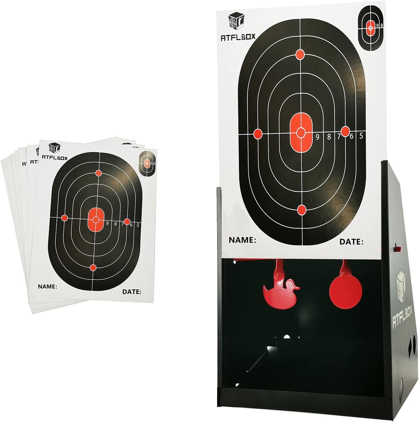 Atflbox 7 x 9 Inch BB Gun Target Trap with 10pcs Paper Target and Spinning Shooting Targets for Airsoft,BB Gun,Rifle,Pellet Gun
