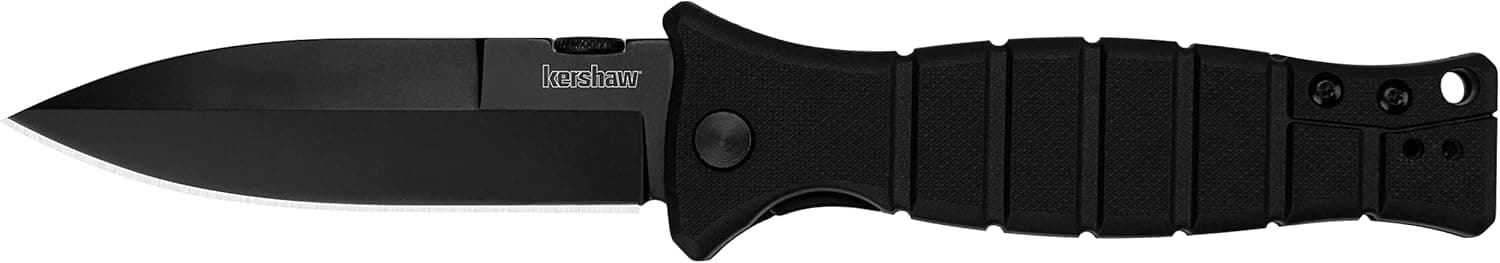 Kershaw XCOM Military-Style Pocketknife; 3.6-inch Black-Oxide Coated Blade and 8Cr13MoV Steel, Spearpoint Blade, Sharpened One Side, and Glass Filled Nylon Handle, Manual Open, Reversible Pocketclip