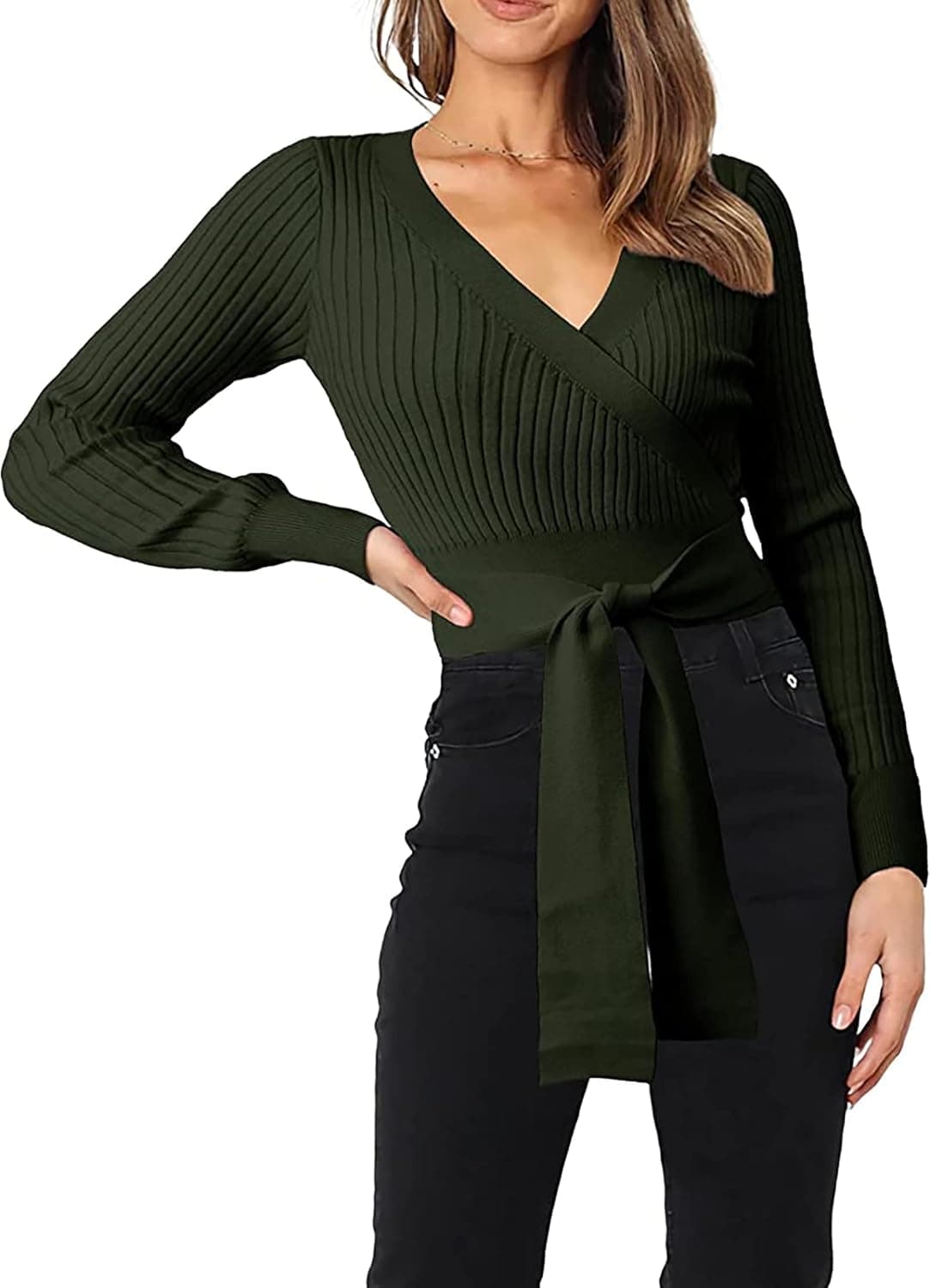 PRETTYGARDEN Women's Fashion Wrap V Neck Cropped Sweater Long Sleeve Solid Slim Fit Belted Pullover Ribbed Knit Sweater Tops