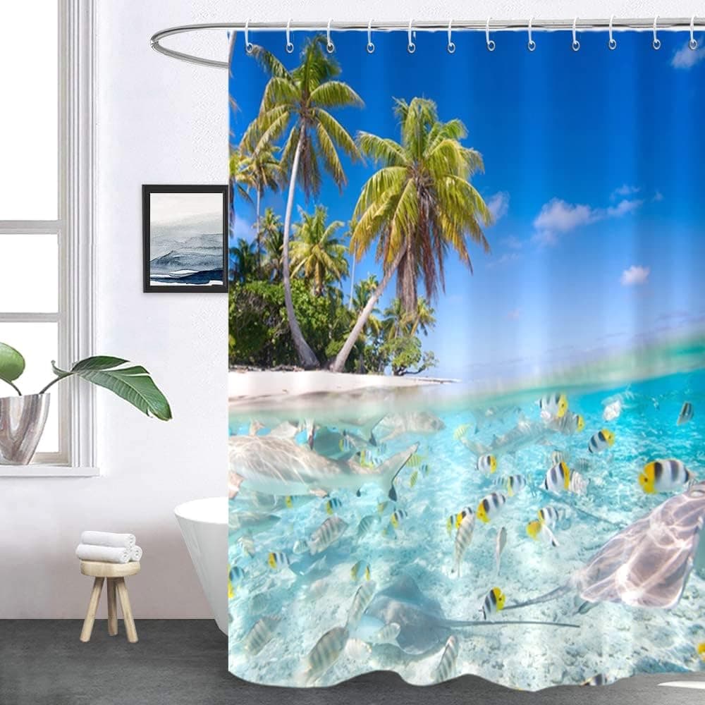 GKLEASG Tropical Beach Shower Curtain, Blue Ocean Coastal Island Fishes Sea Sky Palm Coconut Tree Machine Washable Waterproof Fabric for Bathroom Bathtub with 12 Hooks 72"x72"