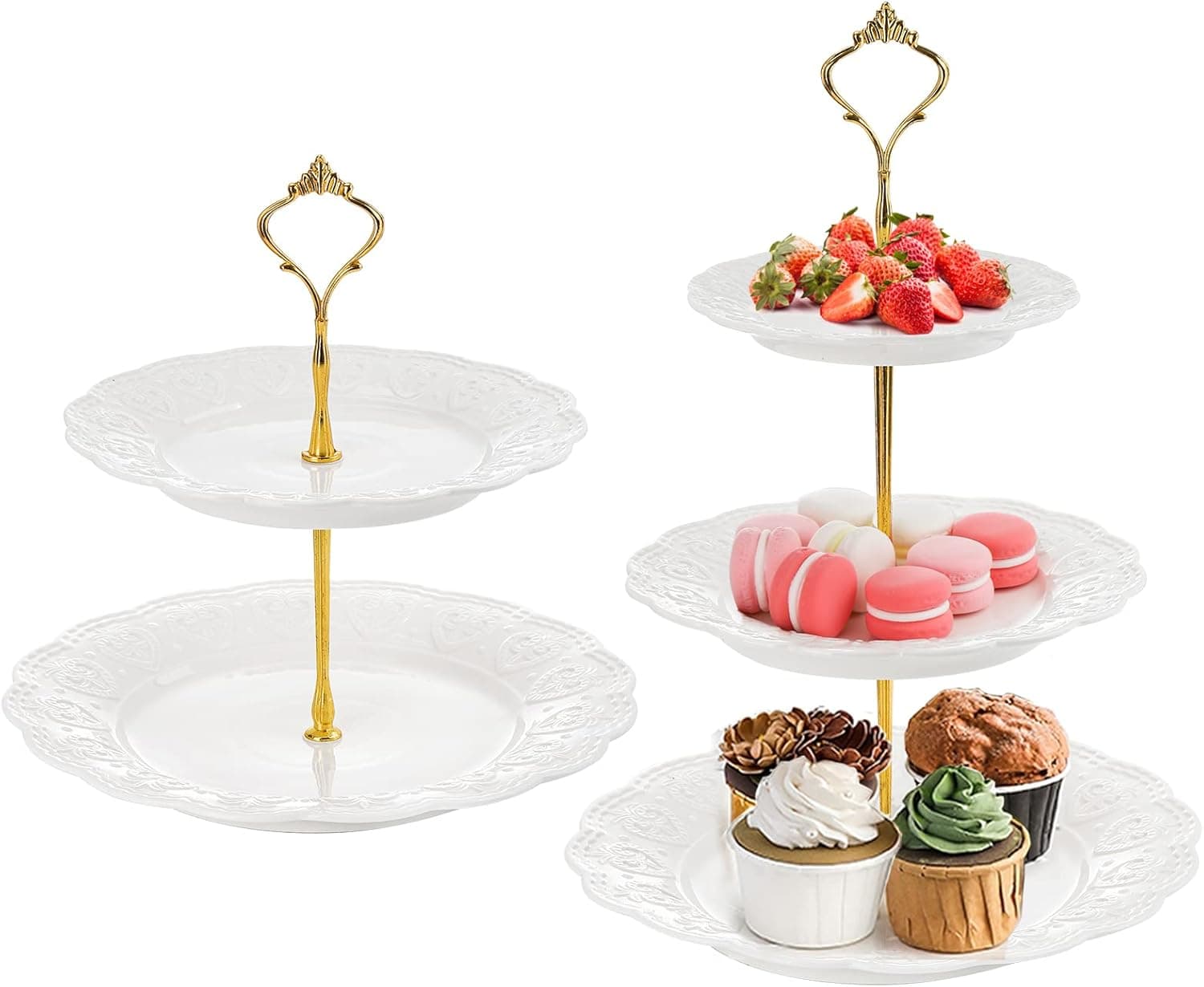 YOUEON Set of 2 Ceramic Cupcake Stand, Tiered Cupcake Display Stand, Tiered Dessert Stand, Cake Tower Stand with Gold Carry Handle, Party Food Server Display Holder for Wedding and Party