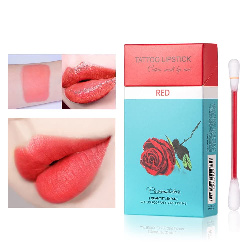 Eliversion 20Pcs Tattoo Lipstick Cotton Swab, Waterproof Non-Stick Tattoo Lipstick Cotton Swab Lip Tint, Long Lasting Lip Gloss Cotton Swab Matte (Red)