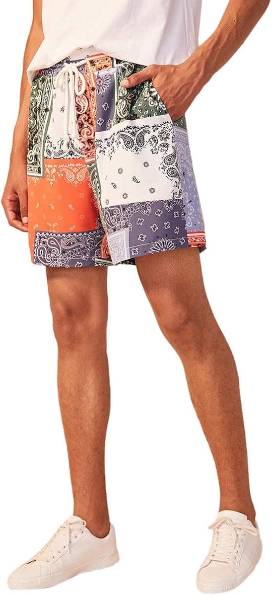 Romwe Men's Patchwork Print Swim Trunks Shorts Lightweight Gym Workout Shorts with Pocket