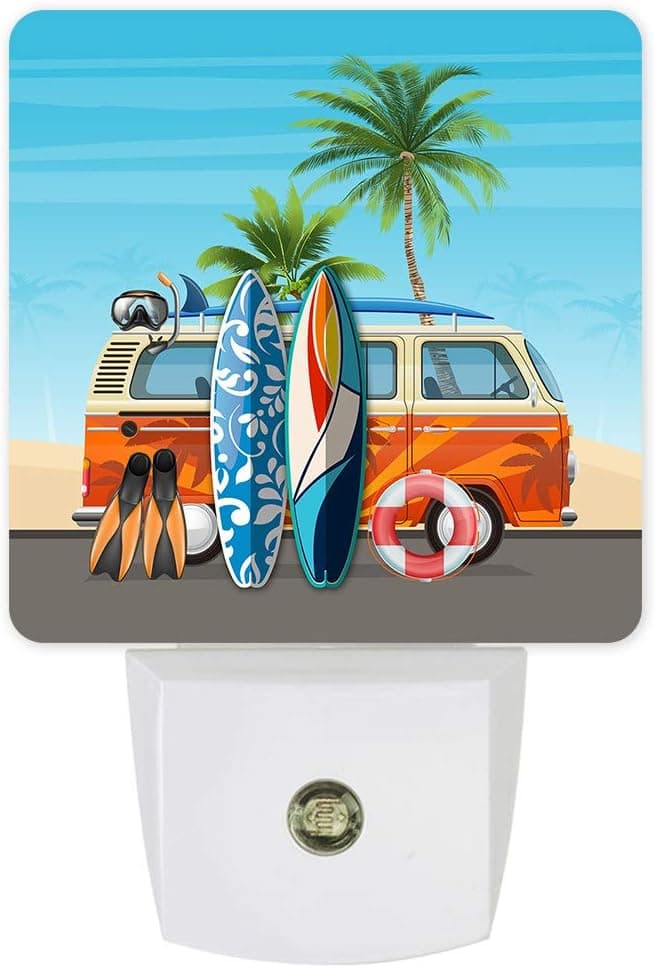 Bus Surfboard Palm Tree Plug-in Night Light Lamp with Sensor, Wall LED Nightlights Auto Dusk to Dawn Sensor for Bedroom,Baby Nursing,Bathroom,Kitchen,Hallway,Stairs, Home Decorative Summer Beach