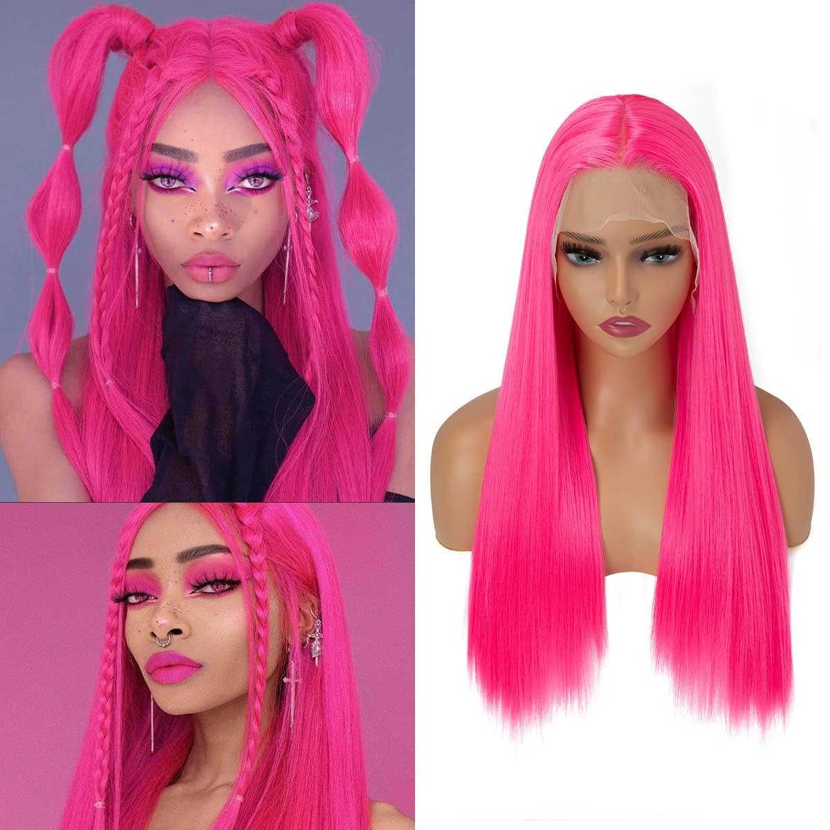 SARLA Hot Pink Lace Front Wig Synthetic Silky Straight Fashion Hair Wigs Colorful 28 Inch Long Natural Glueless Wigs for Black White Women Heat Resistant Fiber