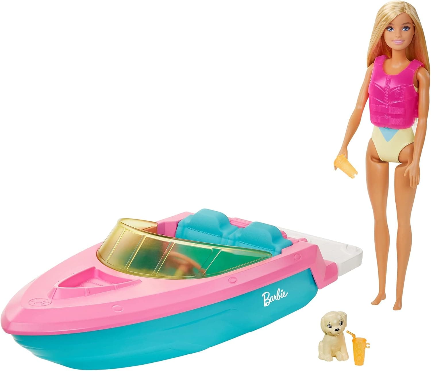 Barbie Doll and Boat Playset with Pet Puppy, Life Vest Accessories, Fits 3 Dolls & Floats in Water, Gift for 3 to 7 Year Olds