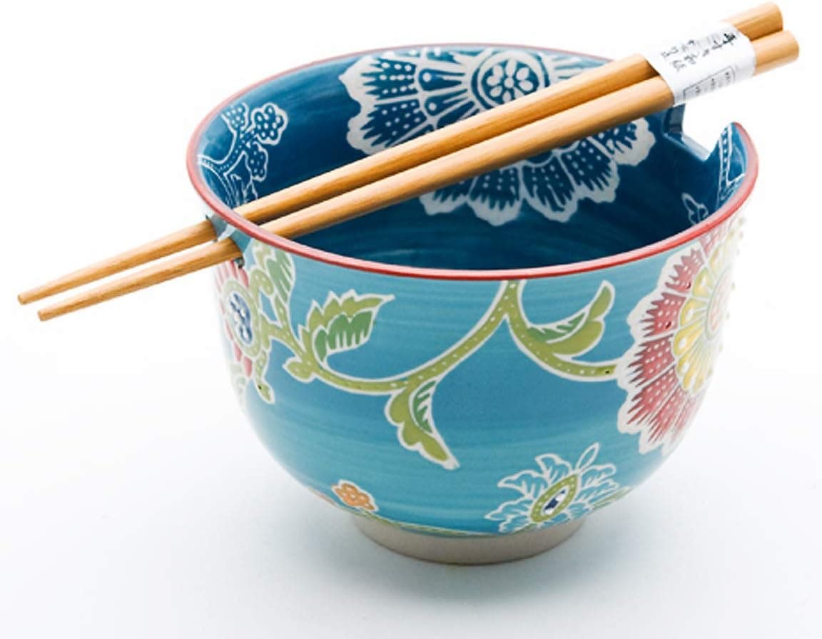 Happy Sales HSRB-TURFLR, Multi Purpose 5" D Ramen Udon Soba Pho Noodle Donburi Rice Tayo Bowl with Chopsticks, Turquoise Floral