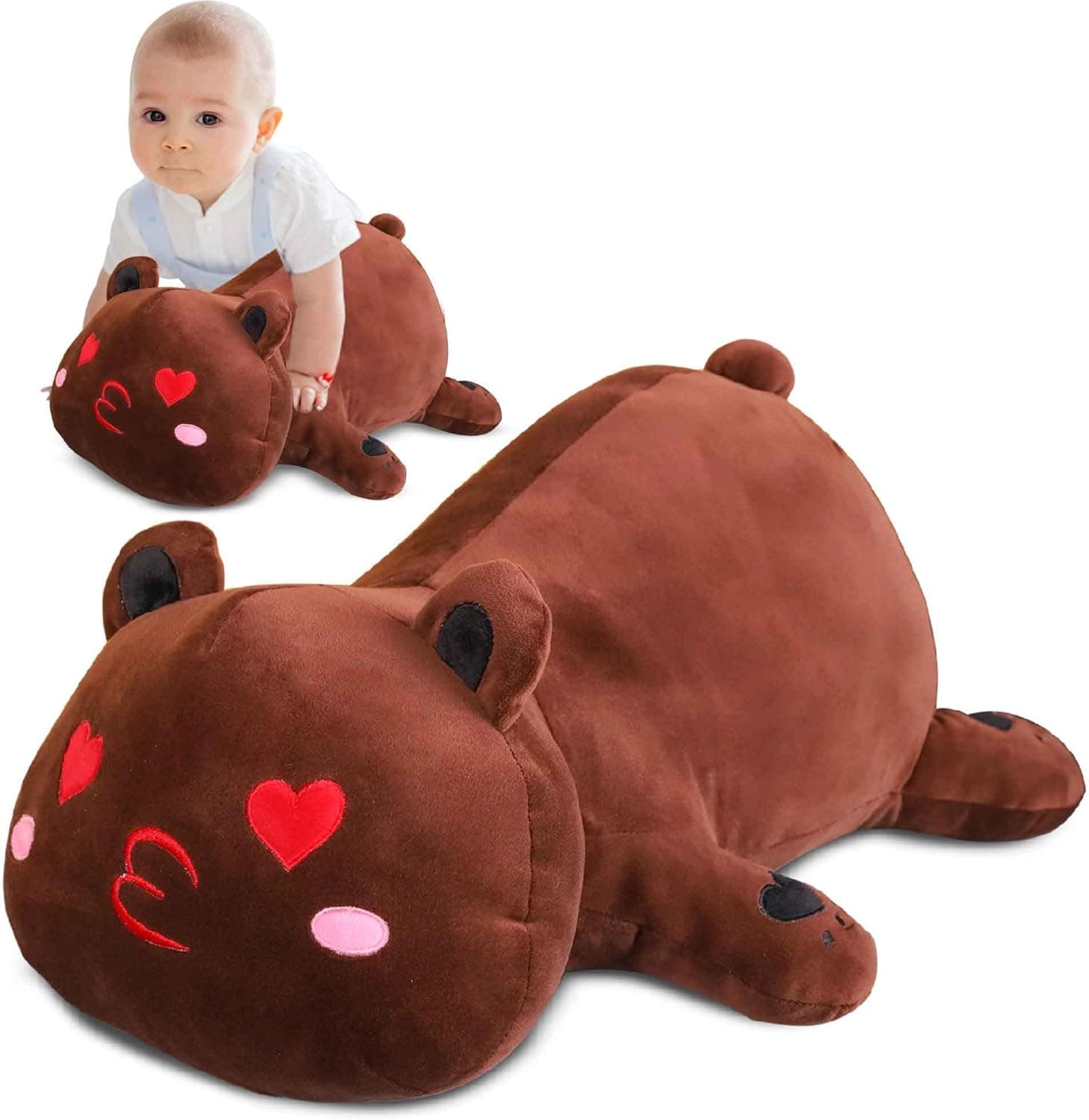 24 Inch Cute Bear Stuffed Animals, Always Kiss Me Goodnight Bear Plush Toy, Bear Plush Hugging Body Pillow, Gifts for Kids Sleeping Kawaii Pillow (Brown)