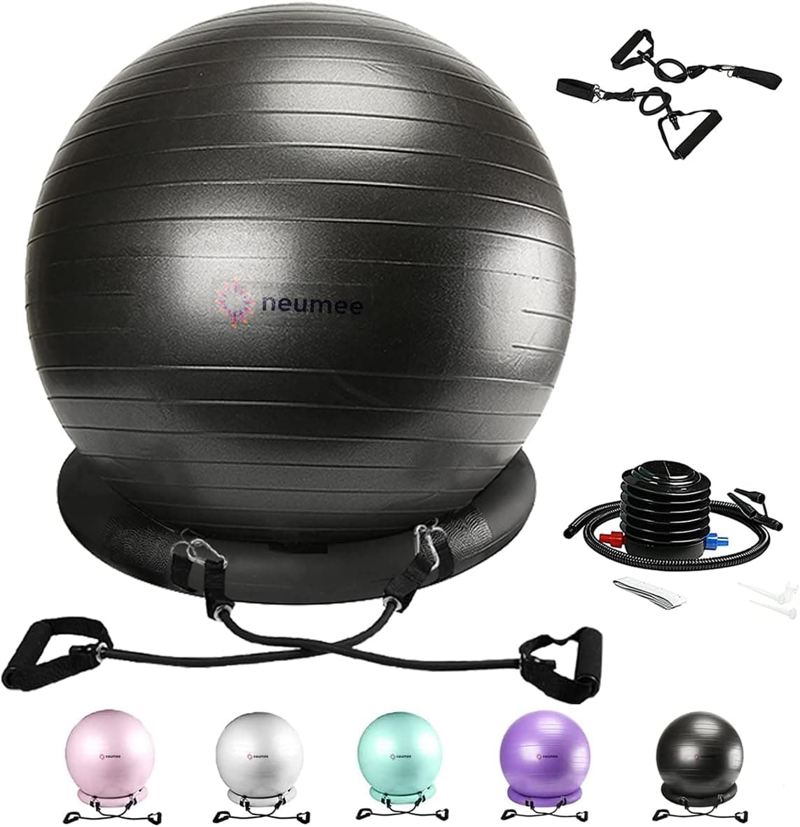 NEUMEE Exercise Ball Chair with Resistance Bands, Yoga Ball Office Chair with Stability Base for Home Gym, Workout Ball for Fitness, Large Size 65 cm