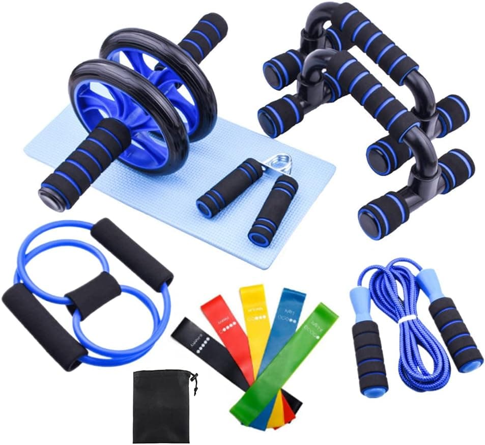 10 in 1 AB Roller Wheel Kit with Knee Pad, Push-up stands,Jump ropes,Tension bands,Grip Stretchers,5 Resistance Bands
