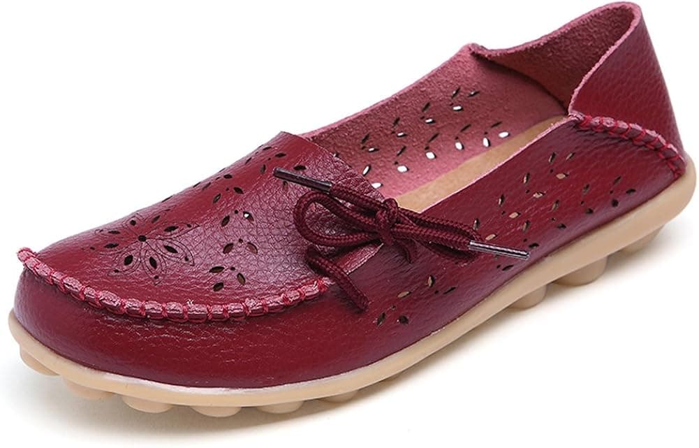 Lucksender Womens Hollow Out Carving Casual Leather Driving Flat Loafers Shoes 6.5B(M) US Wine Red