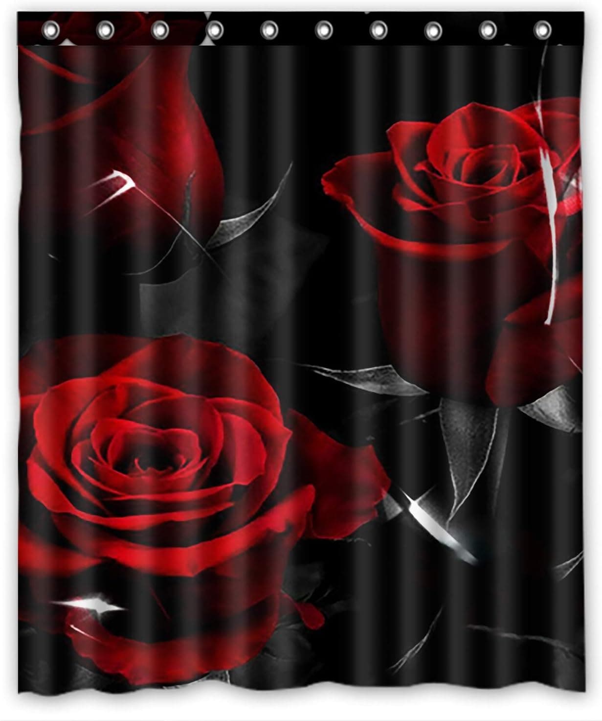 KXMDXA Glam Fire Red Rose And Black Leaves Waterproof Polyester Bath Shower Curtain Size 60x72 Inch