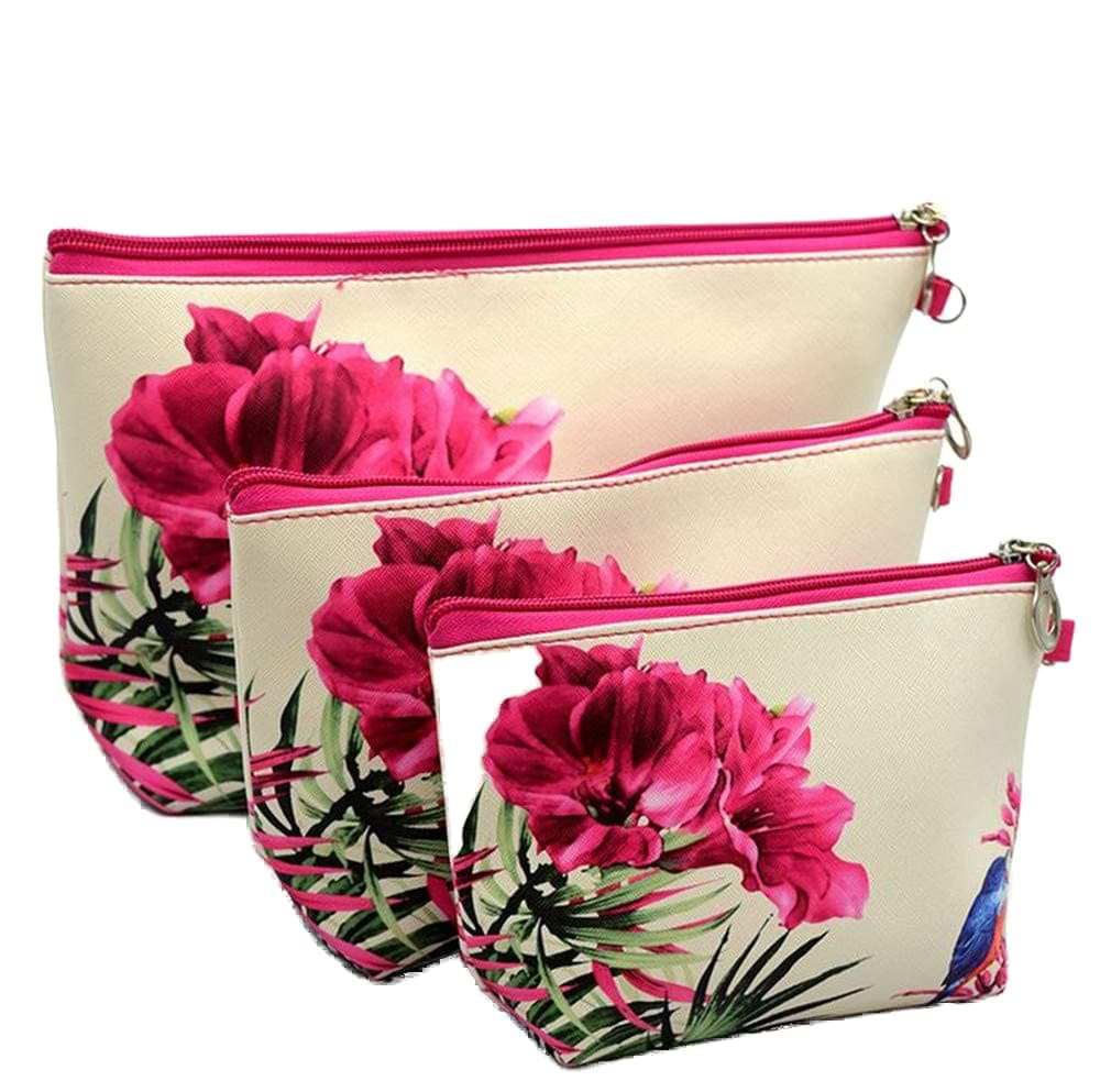 XICHEN 3 PCS cosmetic bag waterproof cosmetic bag large capacity pu leather, Bathroom, Storage (3 Sizes) (Single branch double flower and birds)