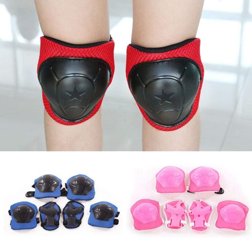 Jowtom Vitoki 6 Pieces Kids Children Roller Skating Bicycle Cycling Scooter with Knee Elbow Pad Wrist Guard Set（Pink Blue Red ）
