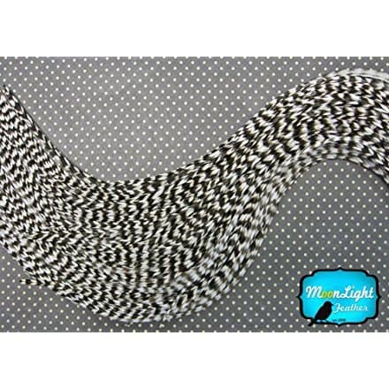 Hair Extension Feathers, Rooster Feathers - Natural Thin Long Grizzly Rooster Hair Extension Feather & Silicon Bead