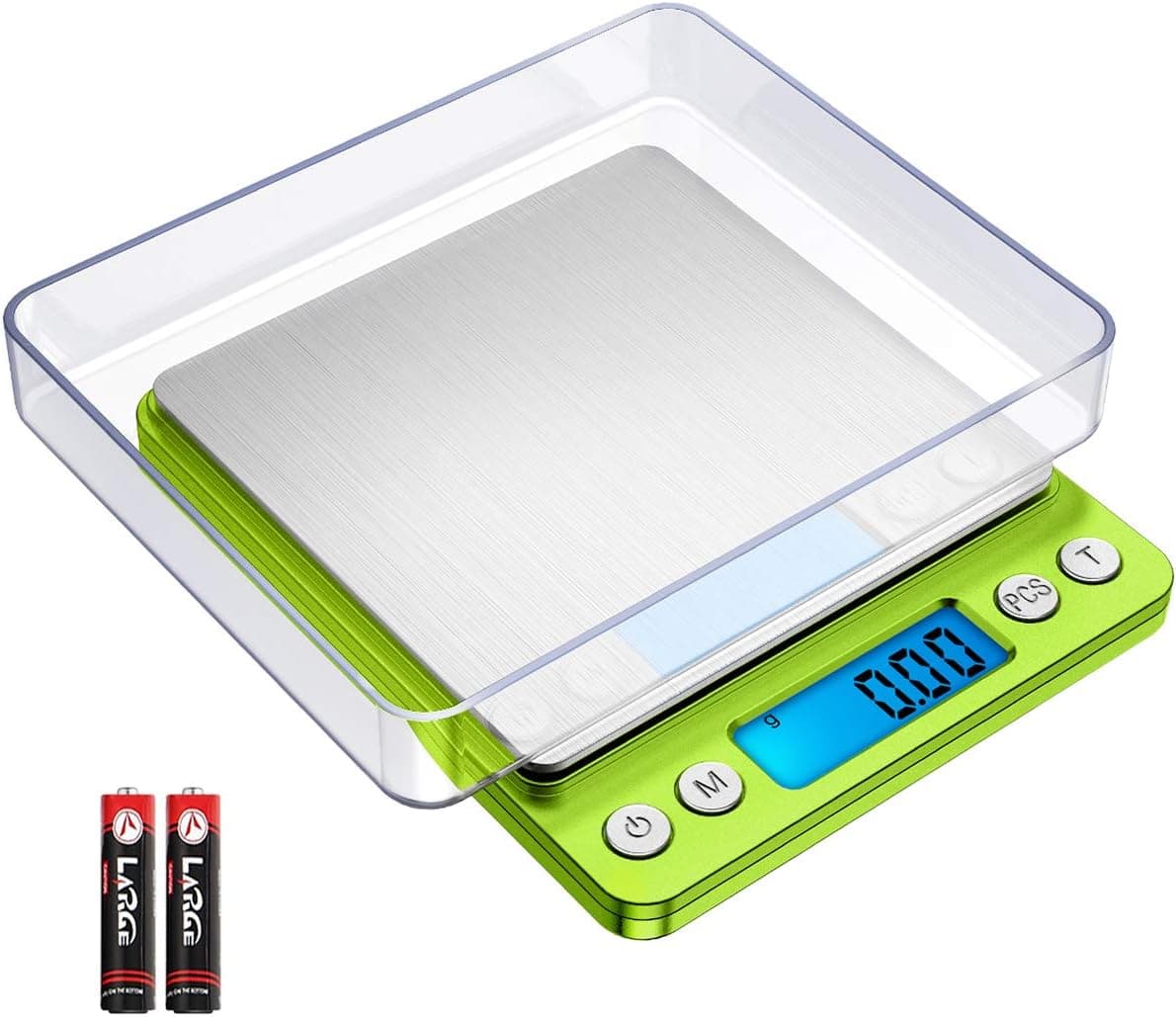KeeKit Digital Pocket Scale, 500g 0.01g Mini Kitchen Scale with 2 Trays, High Accuracy Multifunction Food Scale with 6 Units, Backlit LCD Display, PCS, Tare & Auto No/Off (Batteries Included) – Green