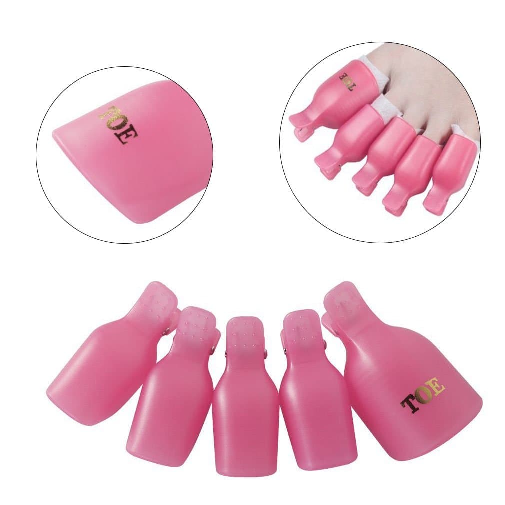 CLAVUZ Soak Off Clips Caps Toenail UV Gel Polish Remover Wraps Clamp Plastic Acrylic Nail Art Pedicure Tools 5PCS Pink