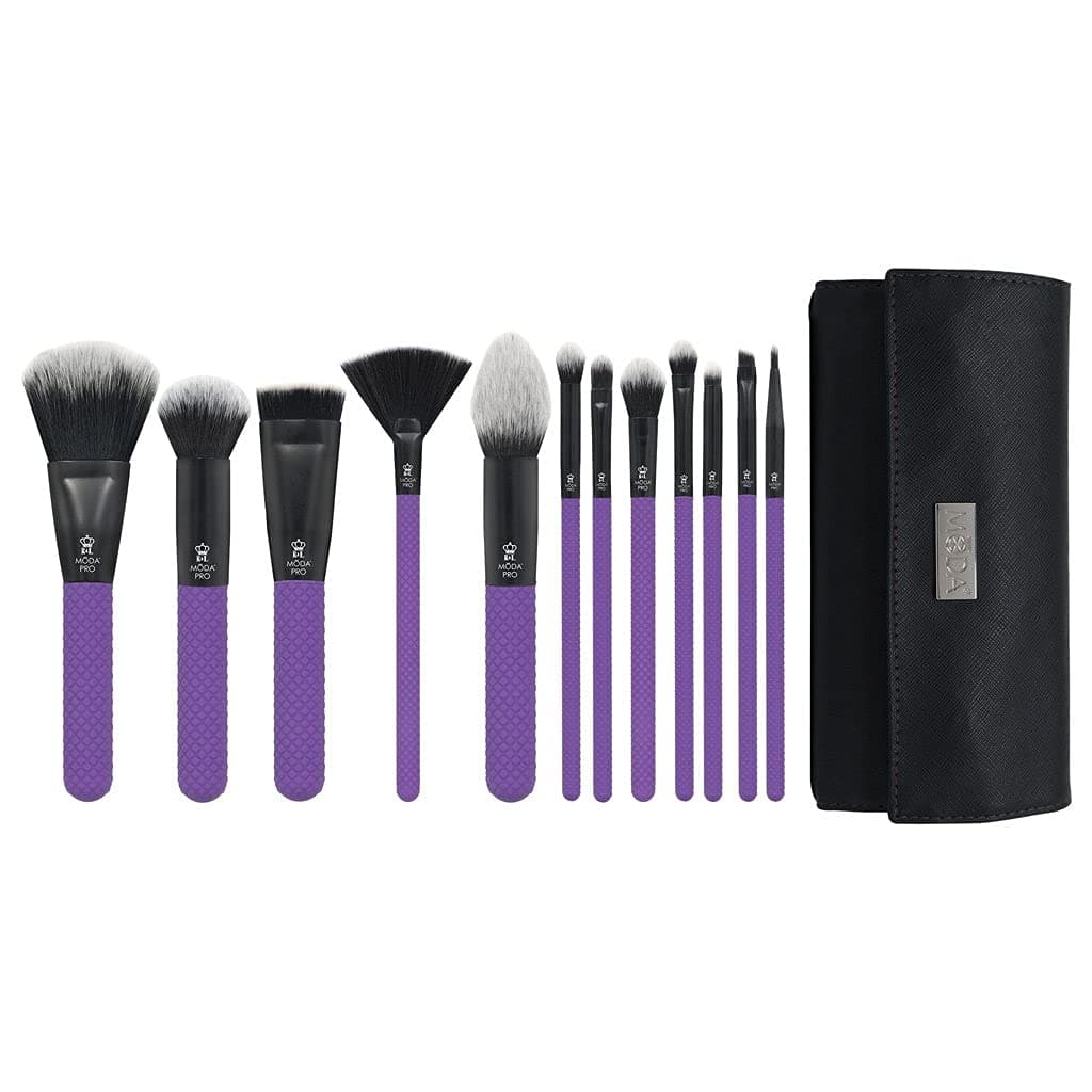 MODA Pro Full Face 13PC Makeup Brush Set with Travel Pouch (Purple)