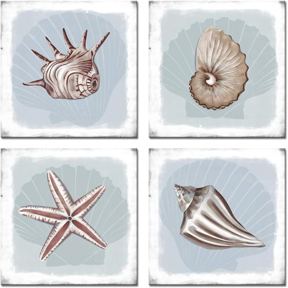 sechars Seashell Wall Decor for Bathroom Starfish Seashell Painting Art Prints on Canvas Coastal Ocean Beach Theme Picture Poster Gallery Canvas Wrapped for Home Bedroom Wall Decor