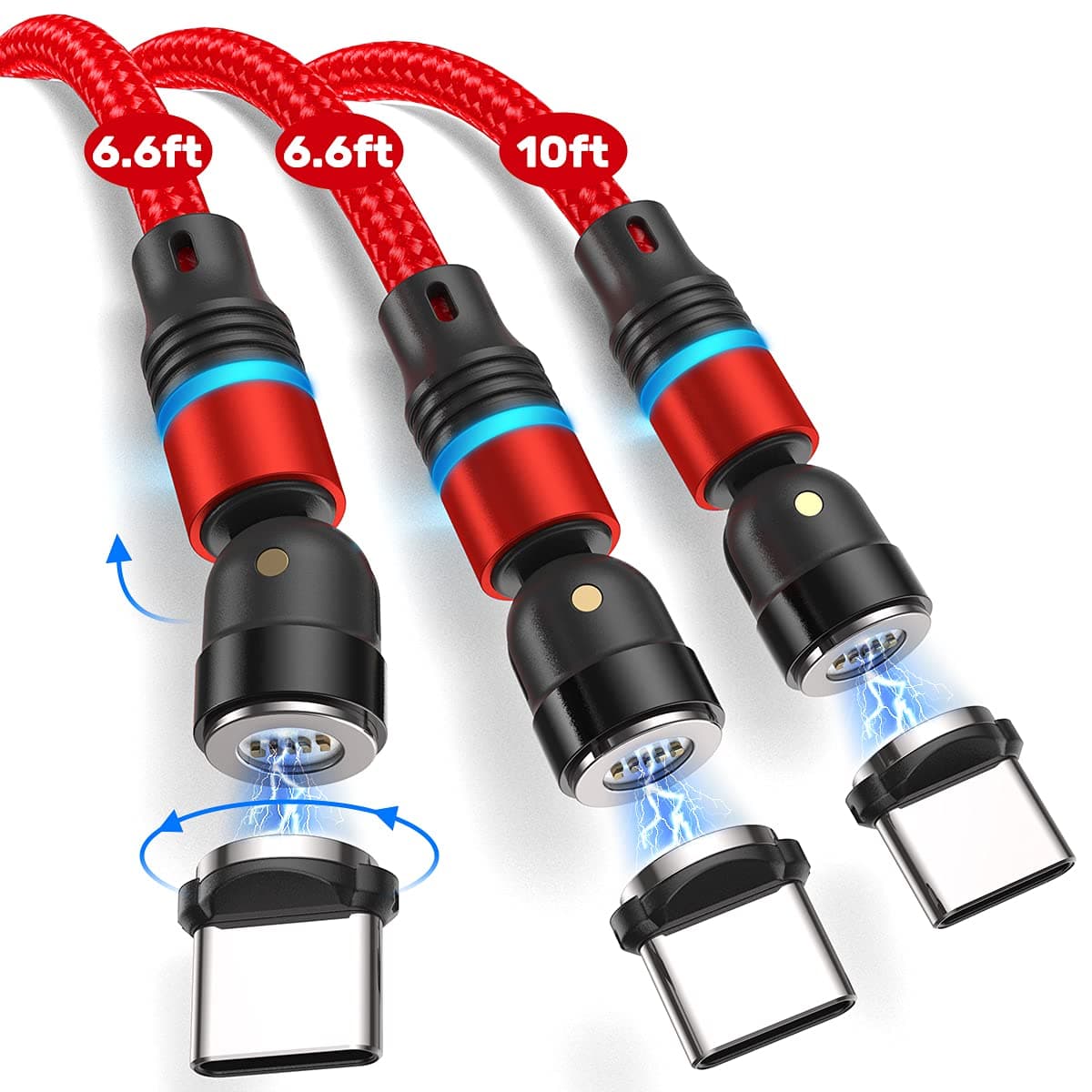 540 Degree Type C Magnetic Charging Cable Fast Charging [3 Pack-6.6ft/6.6ft/10ft], FOCYO Magnetic USB Type C Charger Cable Support QC 3.0 Fast Charging Data Transfer Magnetic Phone Cord USB C