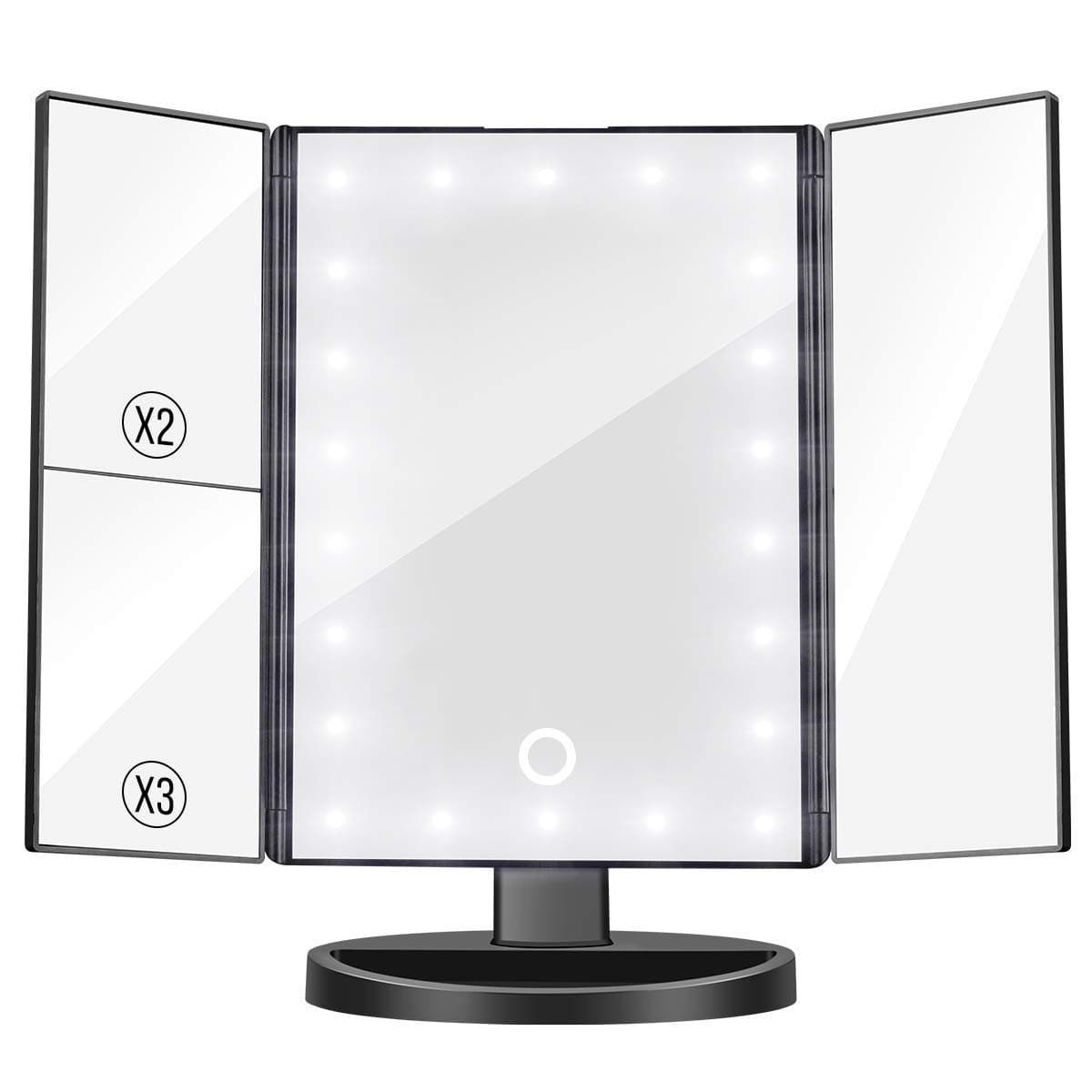 Govee Lighted Makeup Mirror, 3X/2X Magnifying Trifold Vanity Mirror with 22 LED Lights, 180° Rotation Touch Screen Cosmetic Mirrors Dual Power Supply