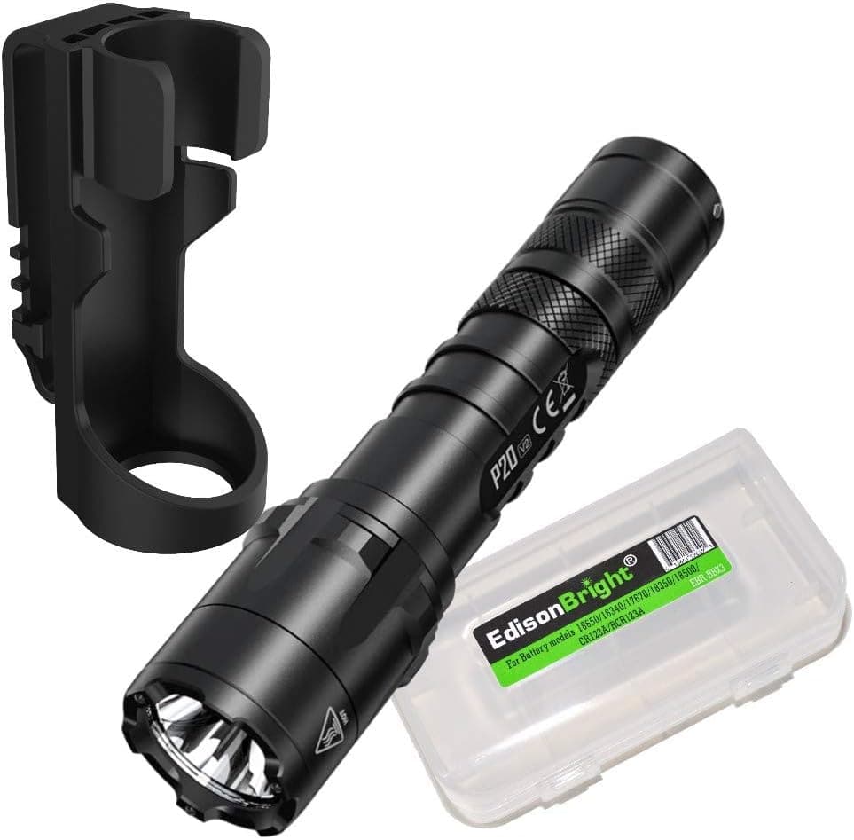 Nitecore P20 V2 1100 Lumen LED Tactical Flashlight with Hard Shell Holster and EdisonBright Battery Carrying case