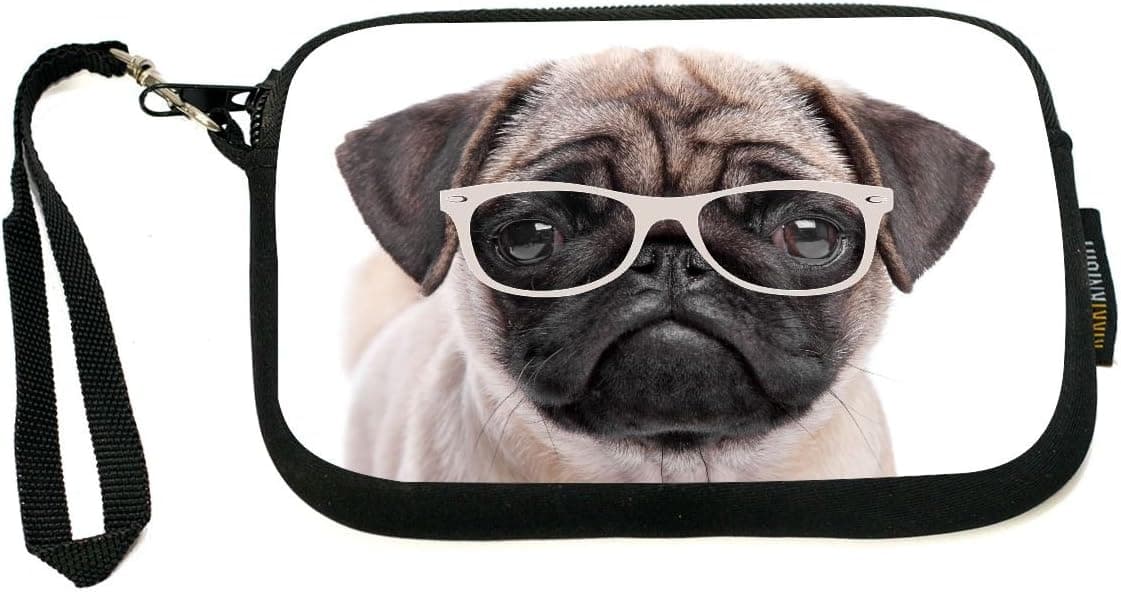 UKBK Hipster Pug Dog Puppy with Glasses Neoprene Clutch Wristlet with Safety Closure - Ideal case for Camera, Universal Cell Phone Case etc.