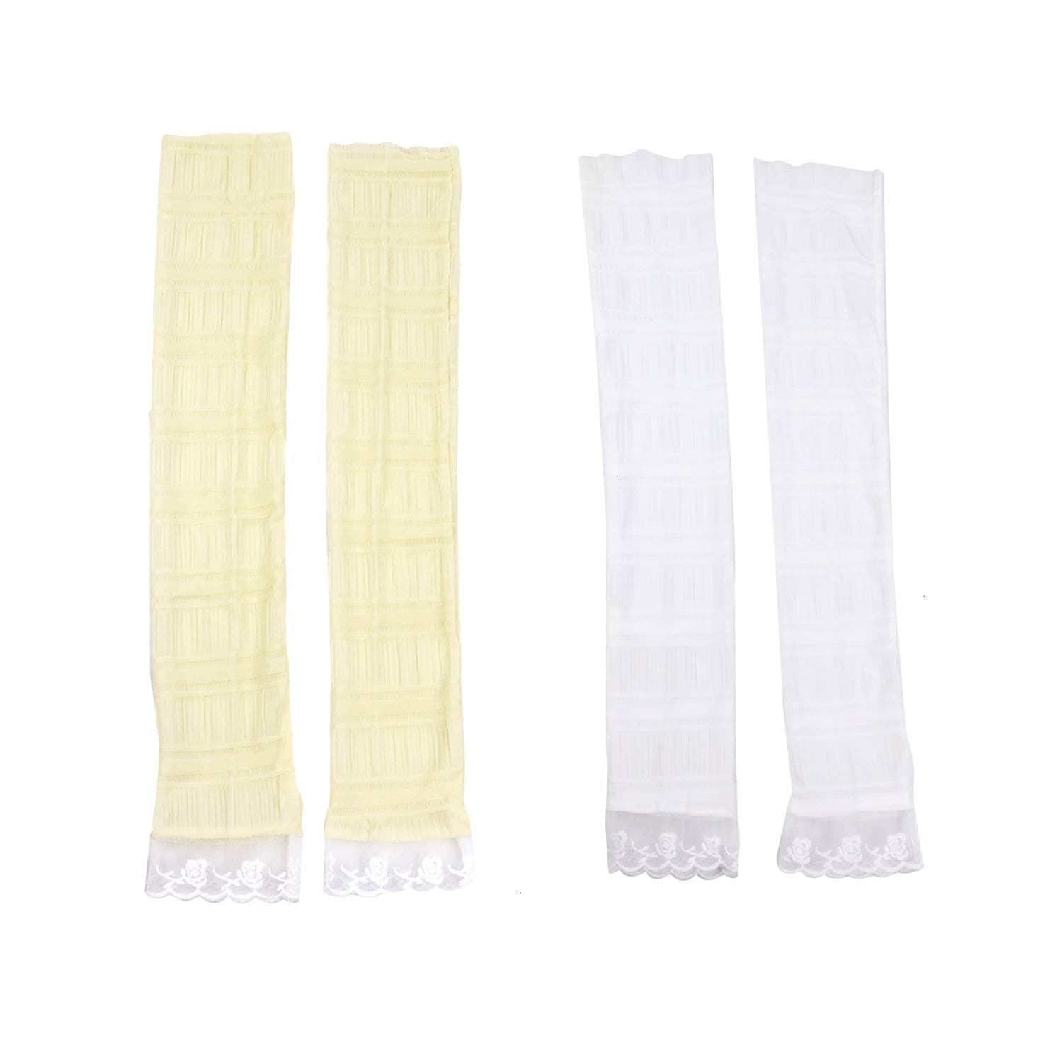 Pomeat 2 Pair Arm Sun Sleeves Lace UV Protection Long Arm Sleeve Hand Cover for Women, White and Beige