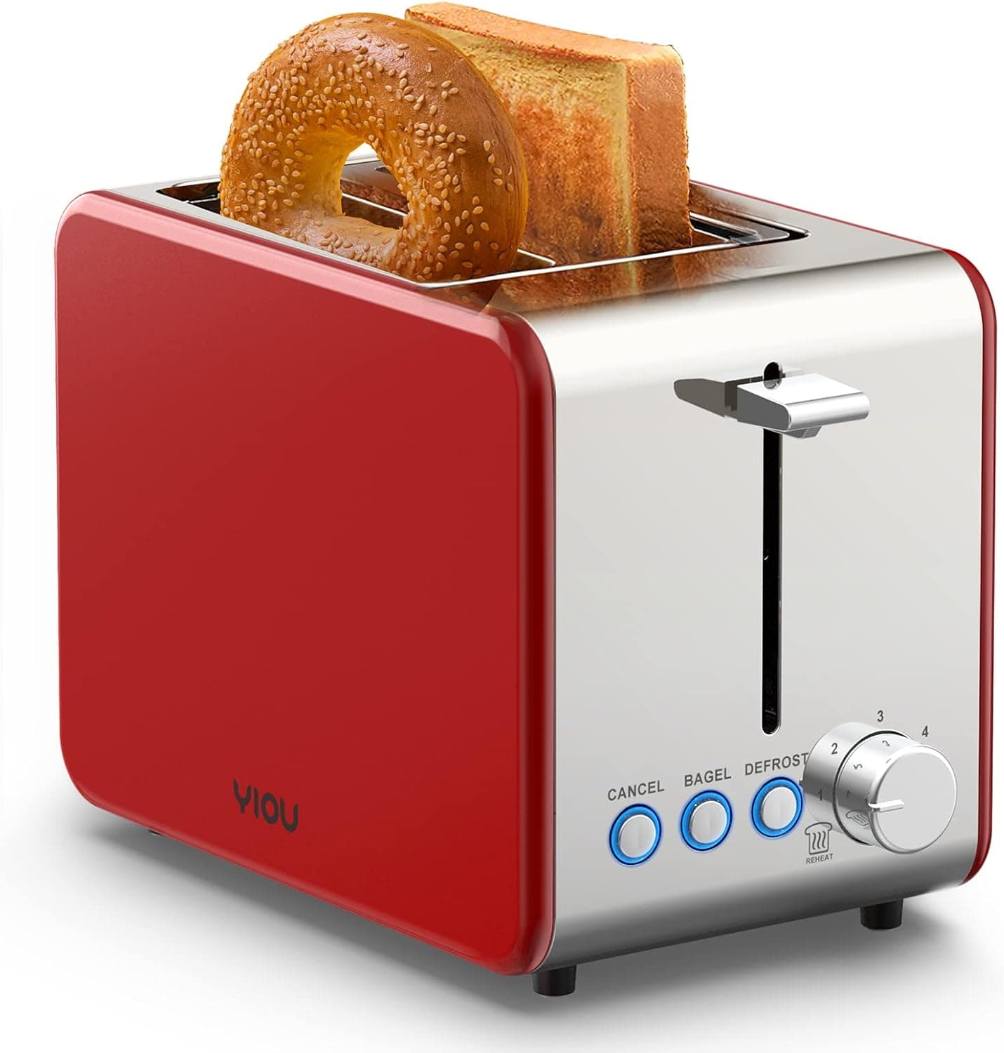YIOU Toaster 2 Slice with Stainless Steel,1.5 Inch Extra Wide Slots,6 Browning Settings, Bagel Toaster with Reheat Defrost Cancel Function Removable Crumb Tray Easy Cleaning T2S-Metal Red