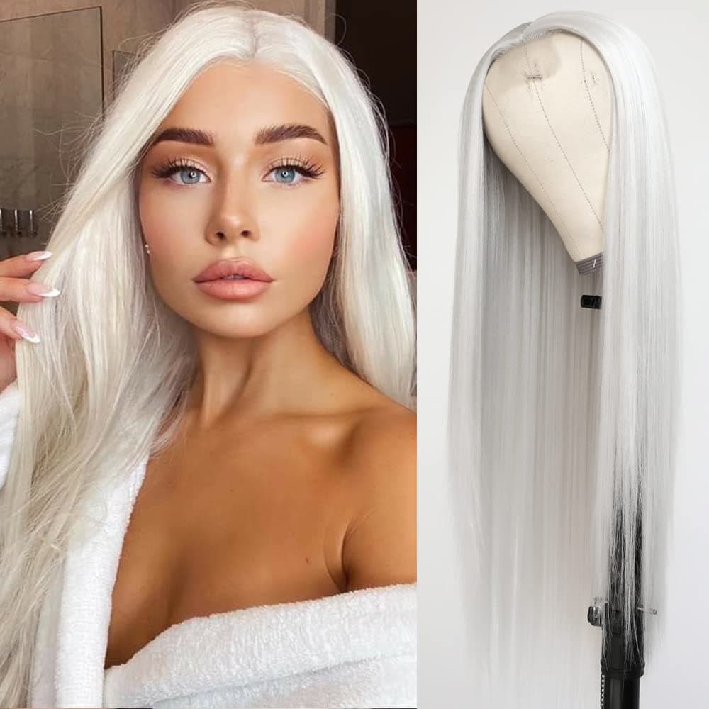 QD-Tizer Platinum White Hair Wig Long Straight Hair Wigs Natural Hairline Heat Resistant Synthetic No Lace Wigs for Fashion Women 24 Inch