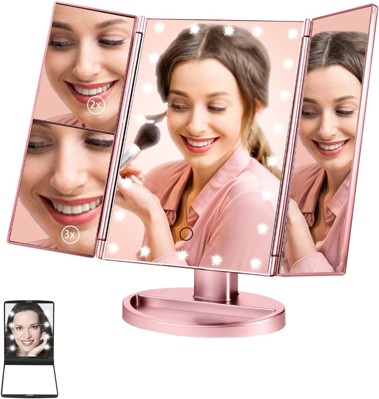 Makeup Mirror Vanity Mirror with Lights,Trifold LED Lighted Makeup Mirror,3X/2X/1X Magnification Vanity Mirror with 22 LED Lights,Touch Control,Dual Power Supply,180 Degree Rotation,Gift for Women