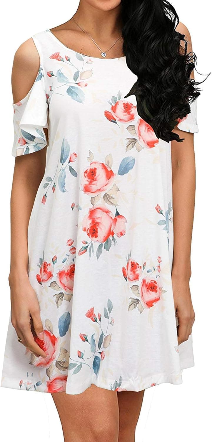 PCEAIIH Women's Short Sleeve Cold Shoulder Tunic Top Swing T-Shirt Loose Dress with Pockets