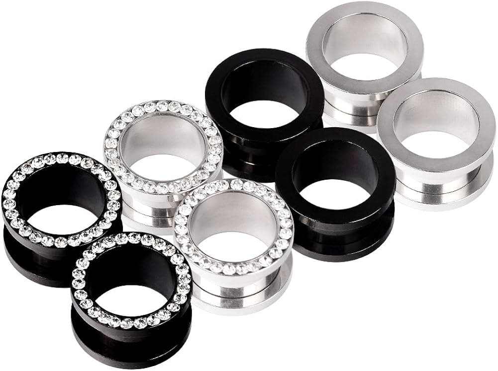 Qmcandy 8/12pcs 8G-1 inch Stainless Steel Screw Fit Ear Tunnels Single Row CZ Gem Tunnels Piercing