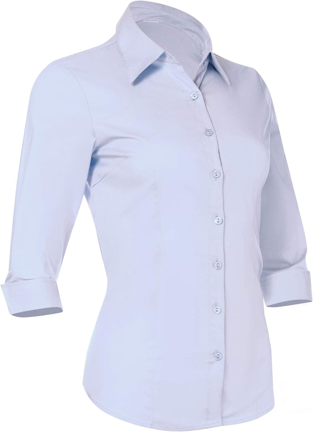 Pier 17 Button Down Shirts for Women Tailored, 3/4 Sleeve Shirt with Stretch - Semi Fitted for Slim, Fit Look - 97% Cotton and 3% Spandex - Lightweight and Soft Materials (Large, Blue)