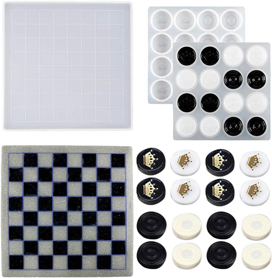 Chess Resin Molds, Chess Board and Pieces Mold with Epoxy Silicone Casting Molds, Silicone Checkers Mold, Classic Games for Children and Adults, Chessboard Grid, DIY Crafts