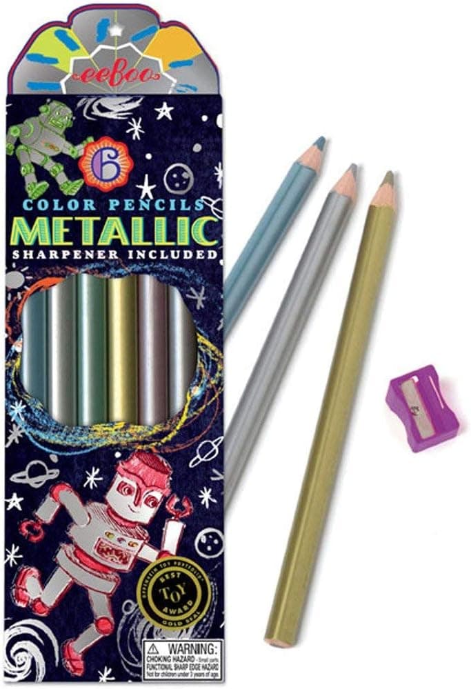 eeBoo Metallic Colored Pencils for Kids, Silver Robot, Set of 6 (PMROB)