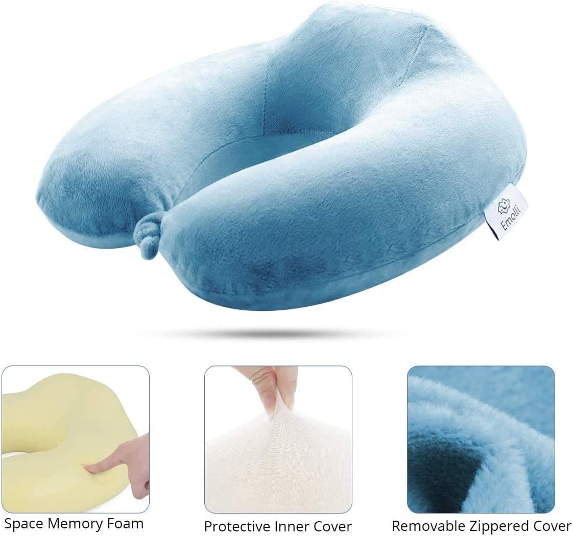 Emolli Travel Neck Pillow - Compressible Memory Foam Pillow, Ergonomic Washable Cover with Portable Bag Gift for Car Airplane Traveling (Green)