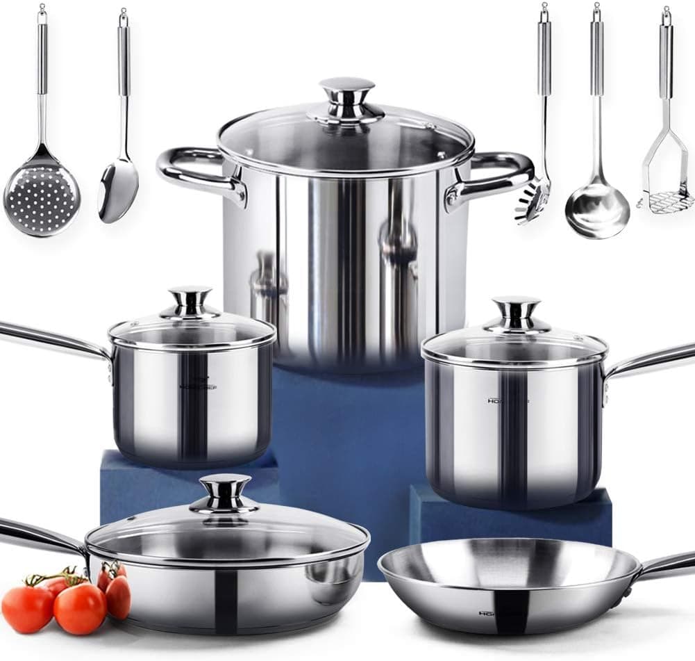 HOMICHEF 14-Piece Nickel Free Stainless Steel Cookware Set - Nickel Free Stainless Steel Pots and Pans Set - Stainless Steel Non-Toxic Cookware Set - Stainless Steel Healthy Induction Cookware Sets