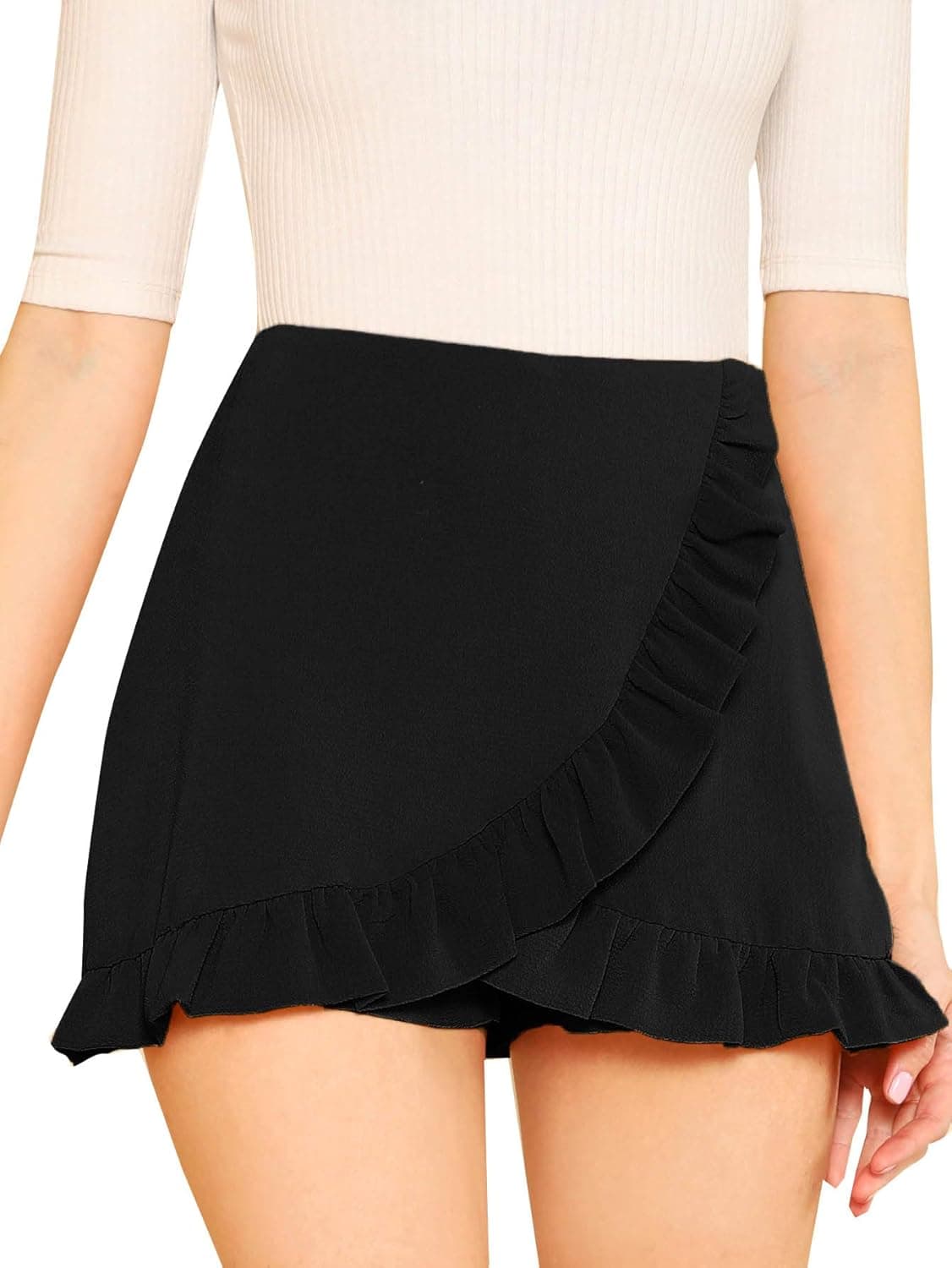 SheIn Women's Mid Waist Ruffle Wrap Skorts Asymmetrical Plain Skirt Shorts