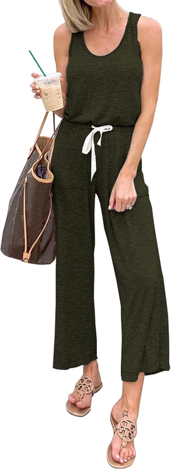 PRETTYGARDEN Women's Casual Sleeveless Solid Jumpsuit Crewneck Drawstring Waist Stretchy Long Pants Romper