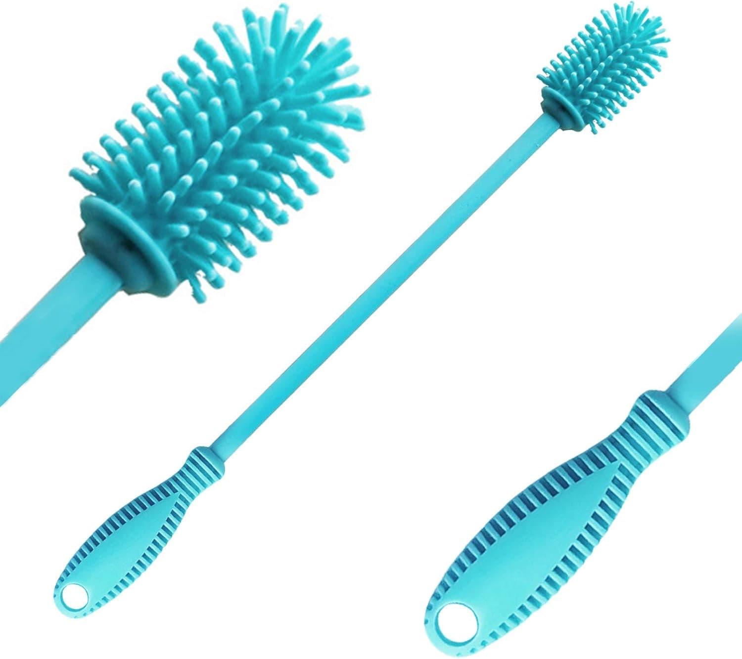 EZiHome Silicone Bottle Cleaning Brush Cleaner for Hydro Flask Baby Water Vacuum Sports Bottle Thermos Vase Glassware Narrow Neck Containers Small Diameter Openings 12.5" Long Handle 2 Pack Teal