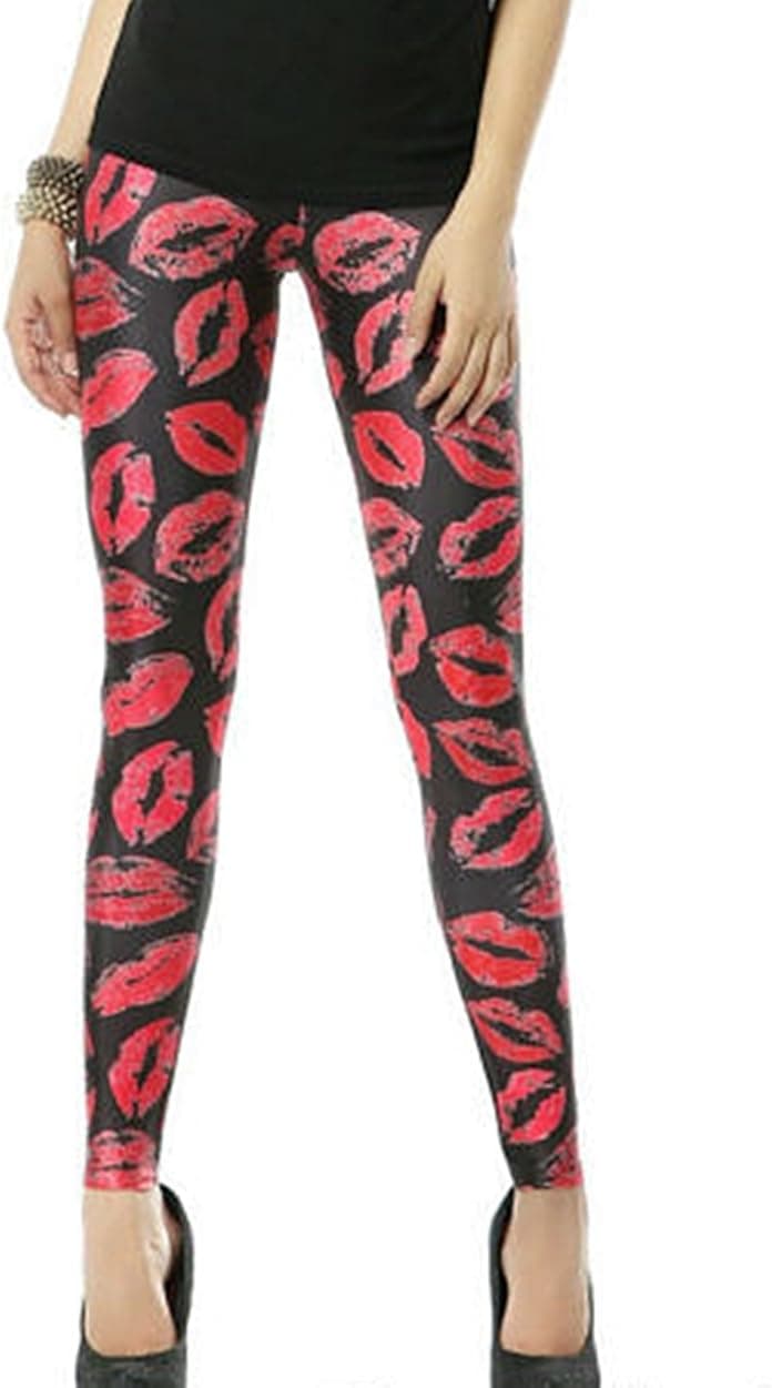 Women Fashion Red Lips Print on Black Elastic High Waist Ankle-Length Leggings