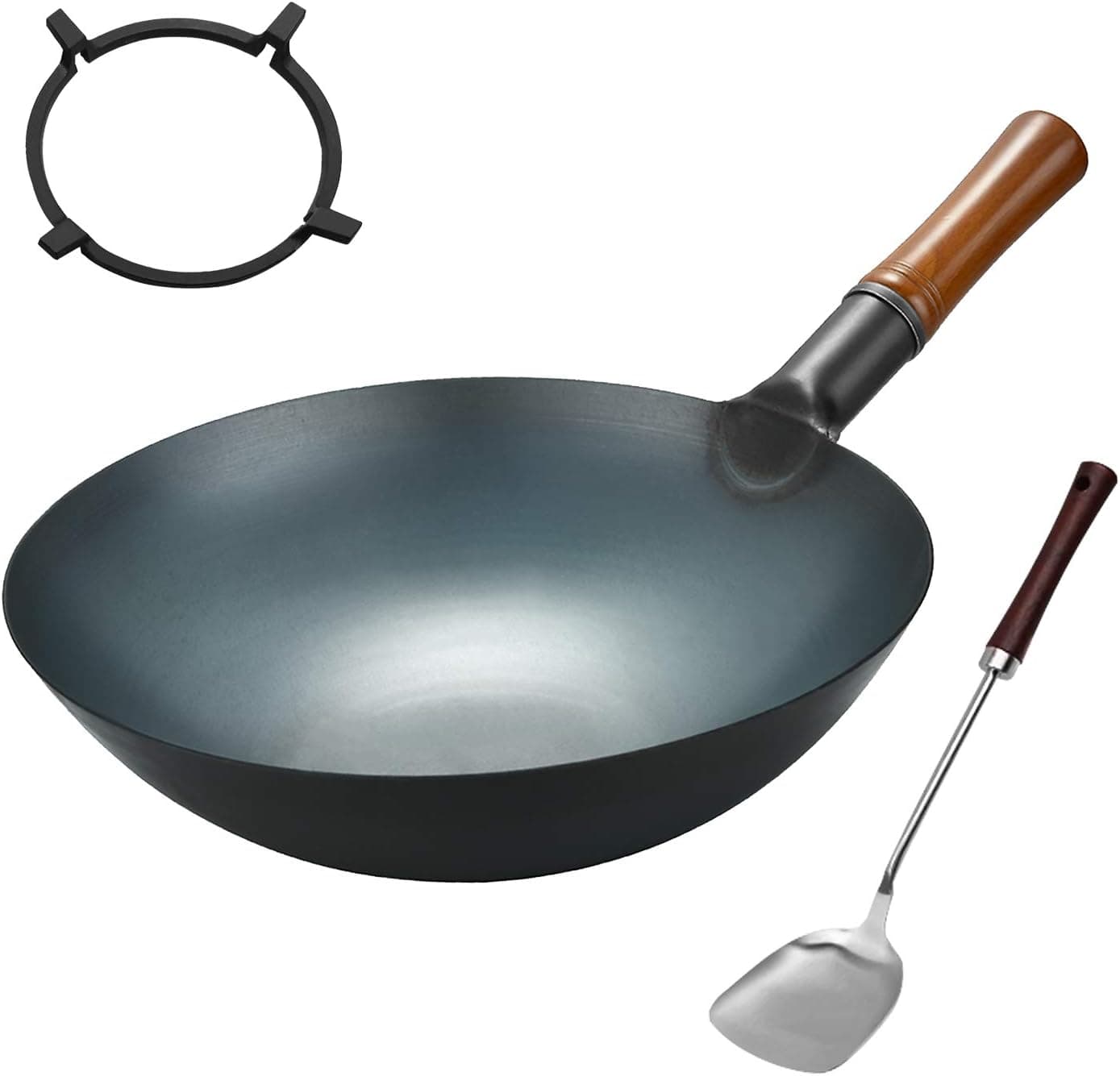 KYTD Carbon Steel Wok Pan - 13.4“ Woks and Stir Fry Pans - Chinese Wok with Round Bottom Wok - Traditional Woks - Black Steel Wok