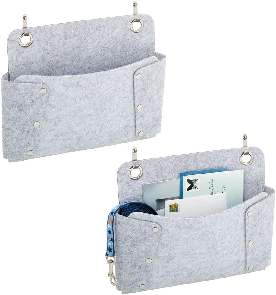 mDesign Soft Felt Over The Door Hanging Storage Organizer for Closets in Bedrooms, Hallway, Entryway, Mudroom - Hooks Included - Textured Print, 2 Pack - Light Gray/Chrome