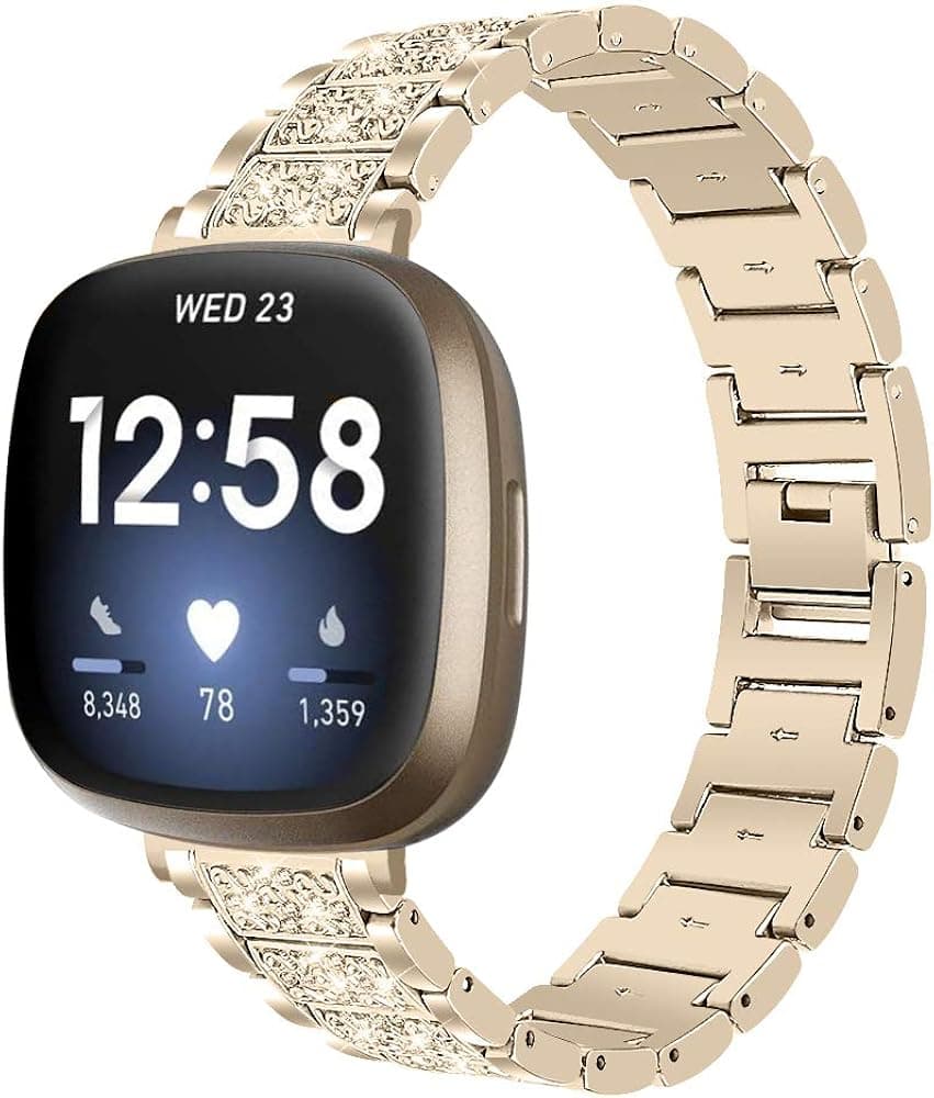 Wrist Strap Compatible for Fitbit Versa 4/Sense 2 Bling Bands for Women, Dressy Metal Stainless Steel Bracelet Rhinestone Jewelry Wristband