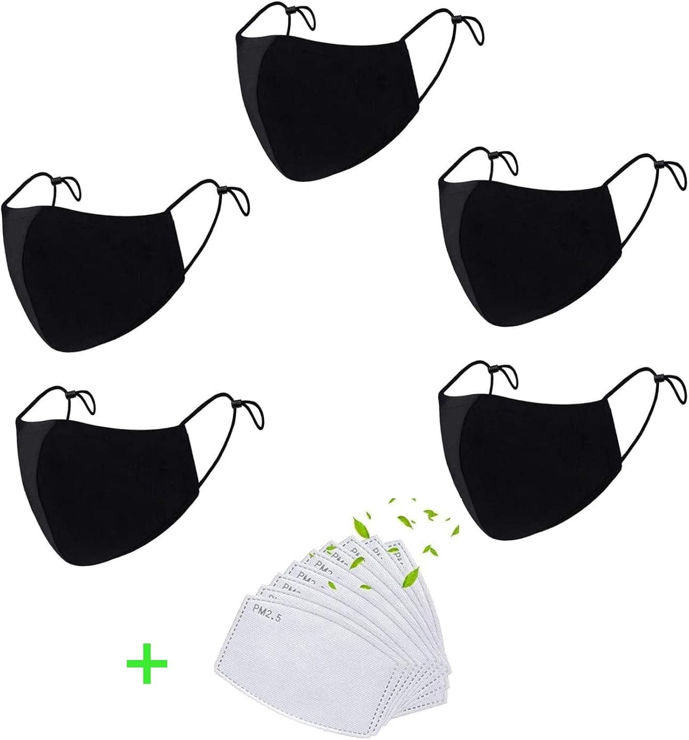 5 Pack Five Layer Cotton Fashion Breathable Face Protector Mask with Filter Pocket and 10 Filters, Washable and Adjustable Cotton Face Shield, Reusable Fabric Protector with Nose Mouth Shield (Black)