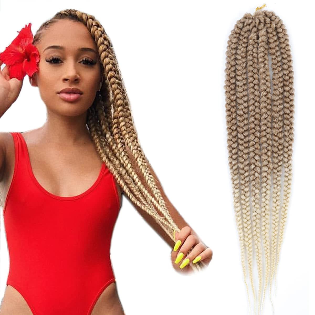 Ombre Blonde Big Box Braids Crochet Hair 18 Inch Medium Sized Jumbo Box Braids for Women 3X Knotless Thick Long Straight Synthetic Braiding Hair Extensions Pre-looped(18” 3Packs,#27/613)