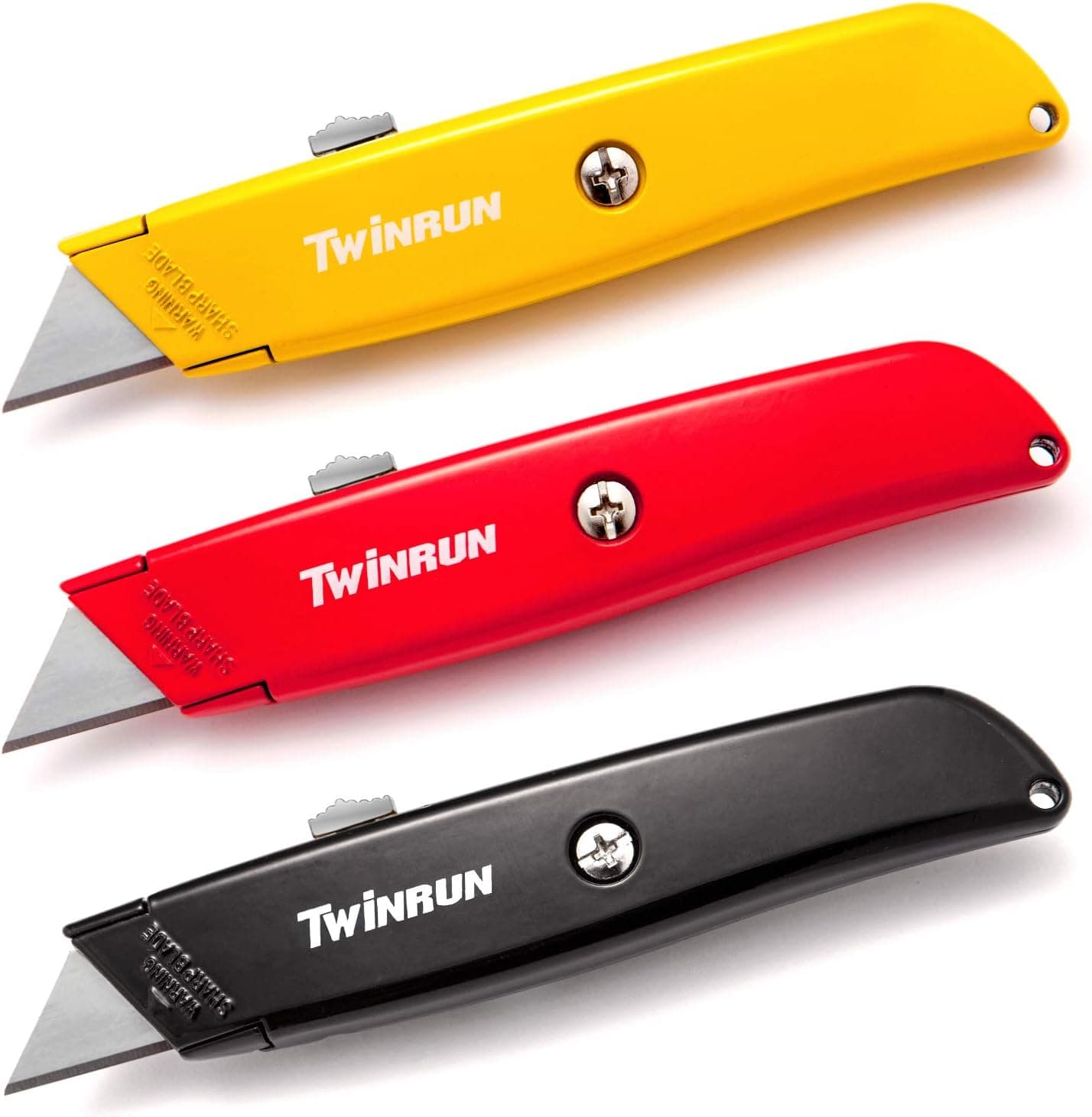 TWINRUN Retractable Utility Knife Box Cutter with Durable Metal Handle Smooth Multi-Position Blade Locking Saddle, 3-Pack Set in Yellow, Red and Black