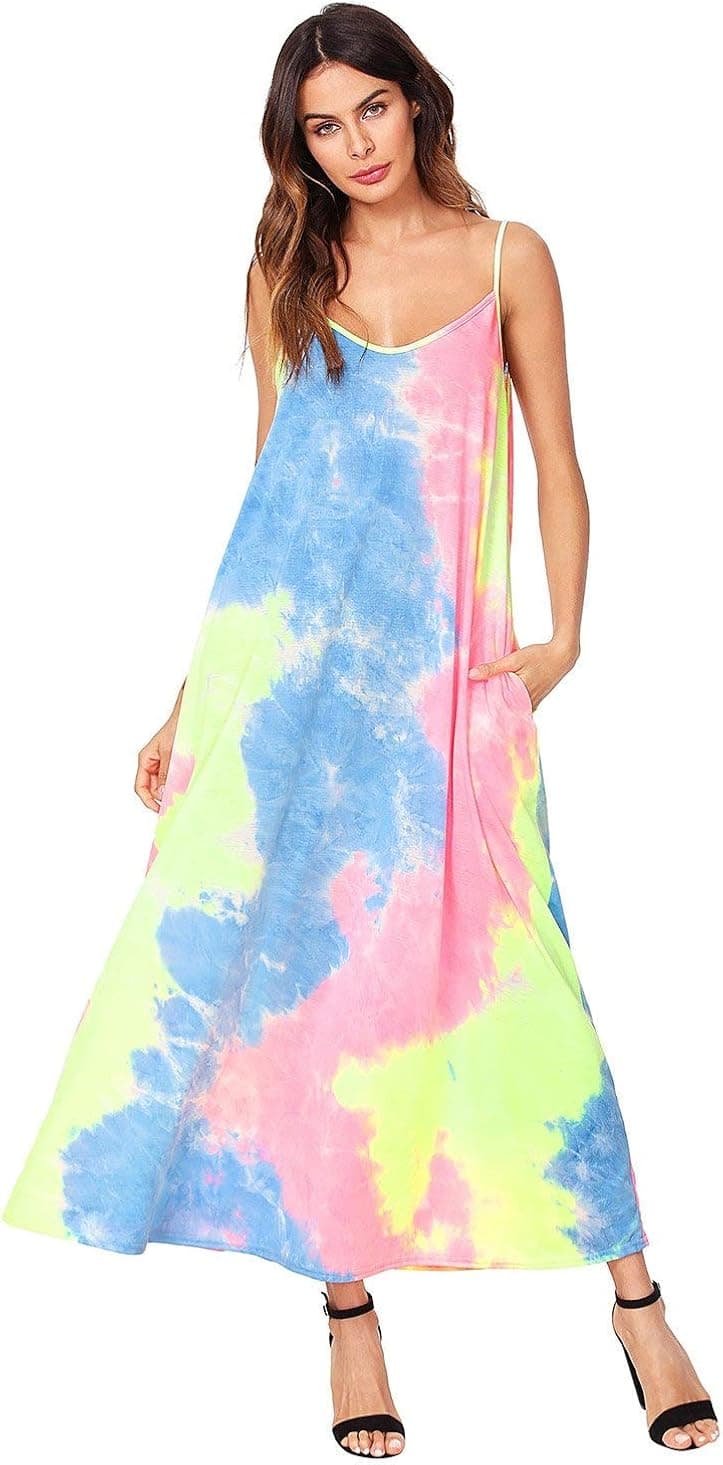 Romwe Women's Summer Beach Sleeveless Tie Dye Loose Casual Maxi Long Dress